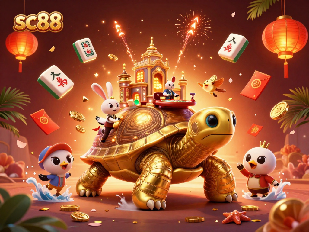 Spin the reels at sc88 with a vibrant casino scene featuring a golden tortoise and a rabbit dealer.