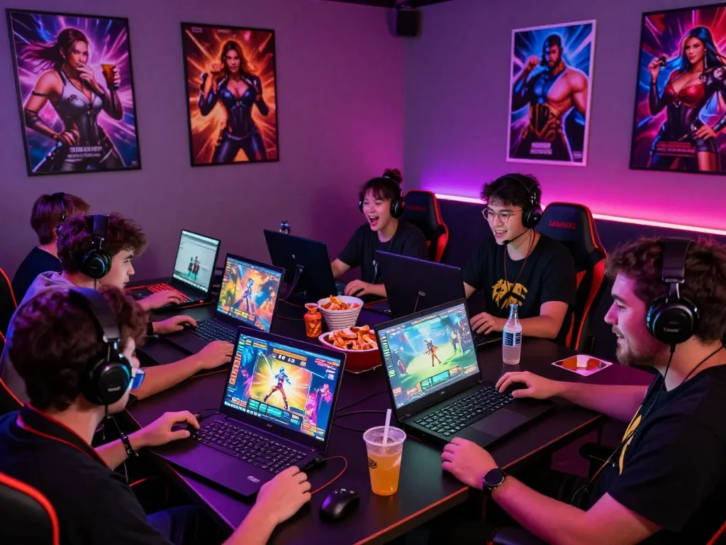 Diverse gamers enjoying html sex games in a vibrant gaming lounge.
