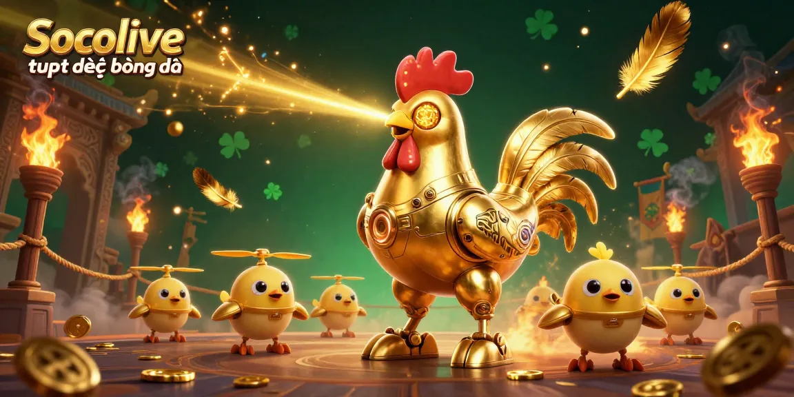 Experience Socolive trực tiếp bóng đá with an ultra-detailed illustration of a golden rooster robot amidst vibrant gambling elements.