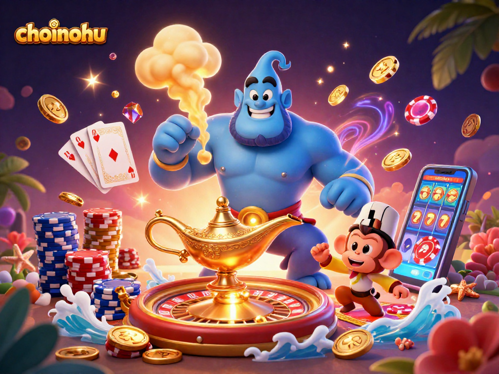Engage in exciting gameplay at choinohu with a vibrant scene of a genie, monkey, and floating poker chips.