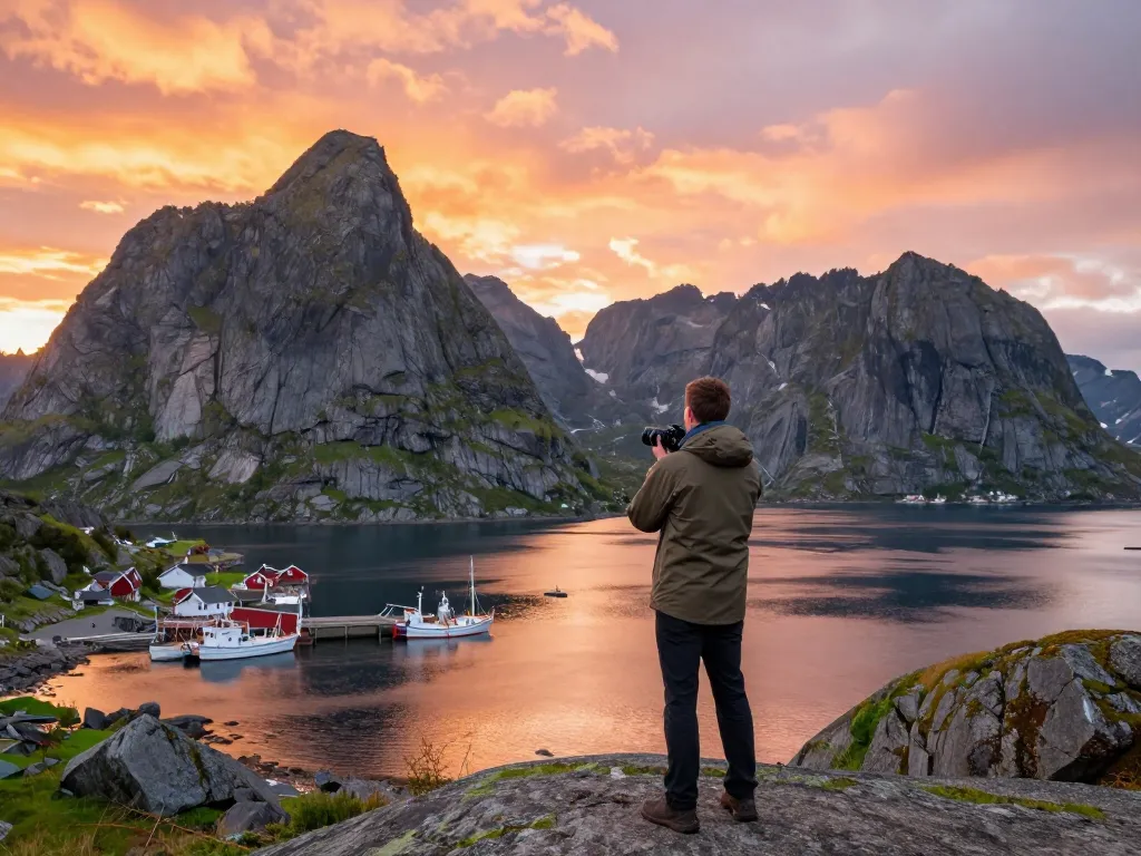 Skandinavien Reisetipps Abenteuer-Szene in Norwegens atemberaubenden Lofoten-Inseln während des Sonnenuntergangs.