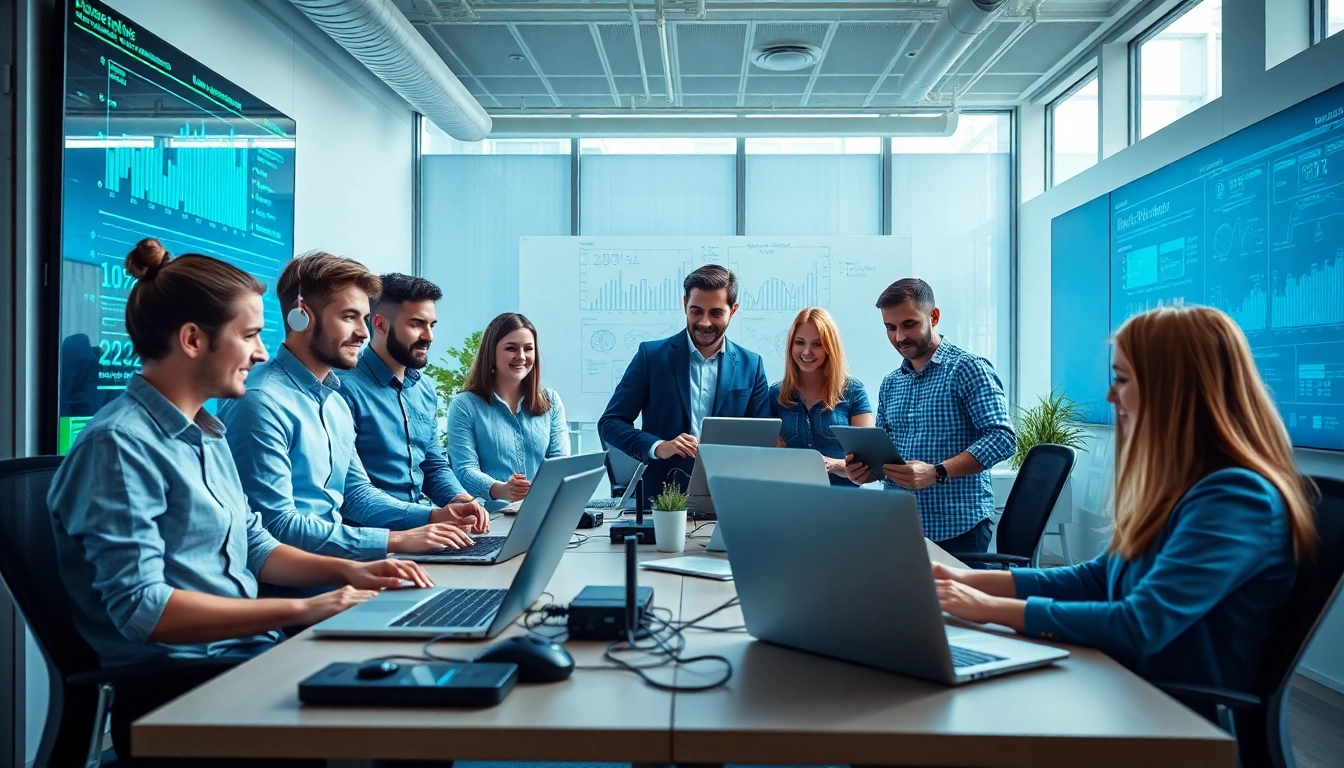 IT Dienstleister collaborating in a modern office with technology.