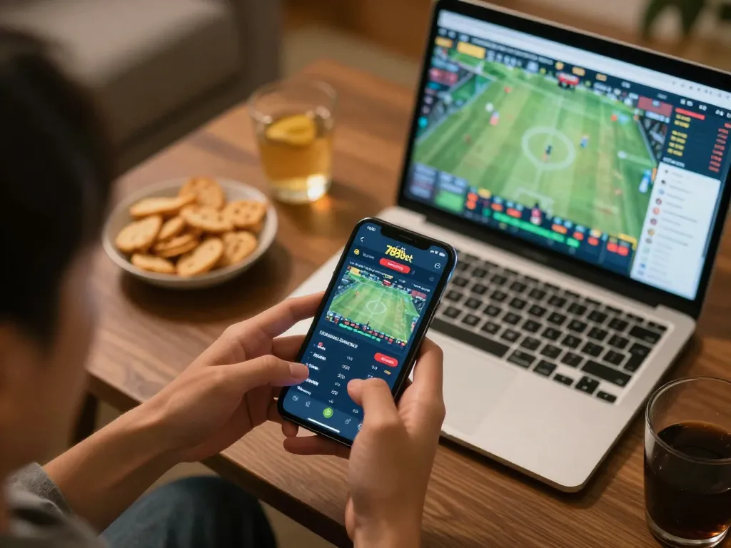 Engaging betting moment on nhà cái 789bet, with a player using smartphone to track scores.
