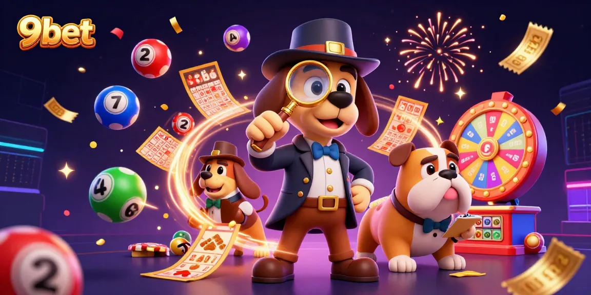 9bet features a detective hound and bulldog in a vibrant casino world, solving clues with dynamic lottery elements.