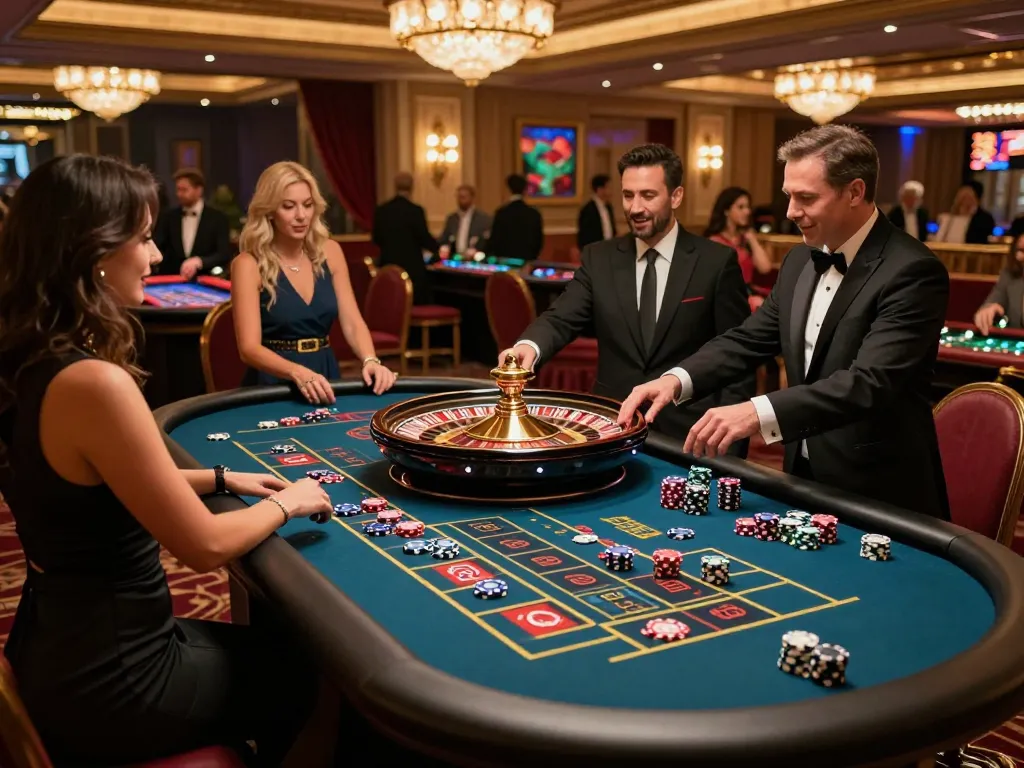 Tỷ lệ kèo nhà cái hôm nay showcased at an upscale roulette table with players engaged in betting