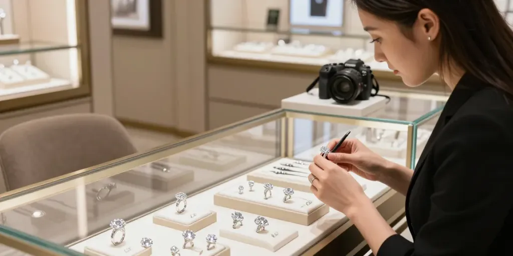 Schmuckdisplay mit glitzernden Labor-Diamanten in einer eleganten Boutique, freundlich lächelnder Juwelier präsentiert einen einzigartigen Verlobungsring.