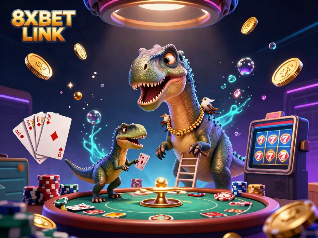 Engage with the 8XBET LINK casino experience featuring a cartoon brontosaurus and clever raptor, immersed in gold coins and poker elements.