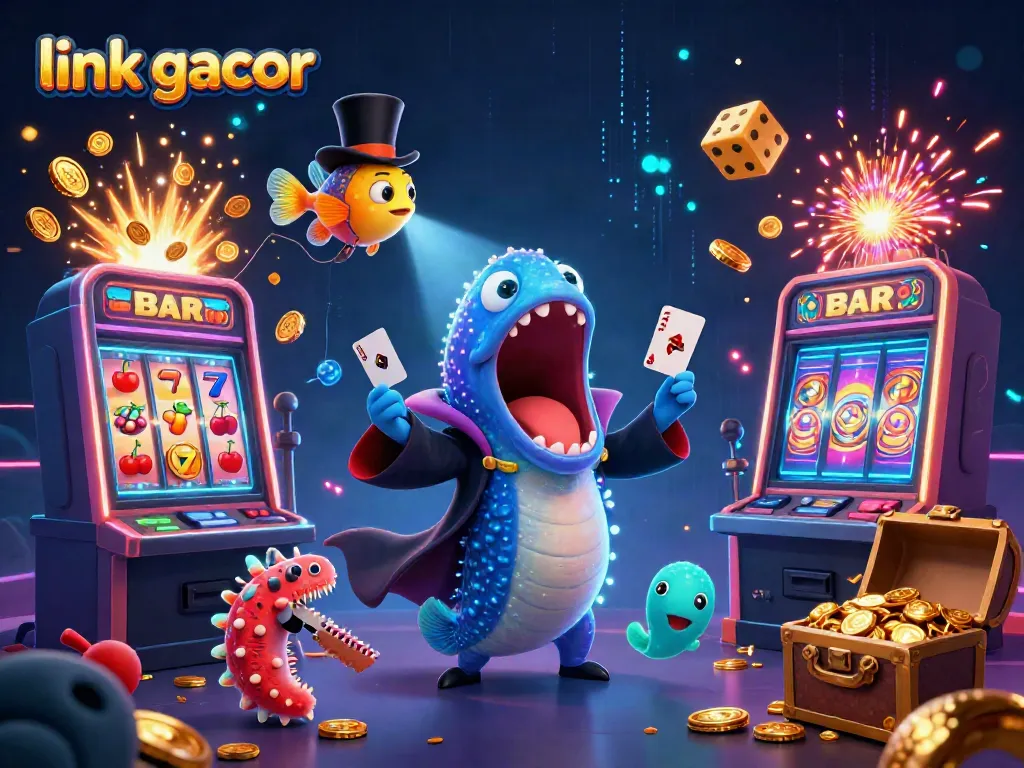 Experience excitement with link gacor in a vibrant 3D casino scene featuring playful underwater characters.