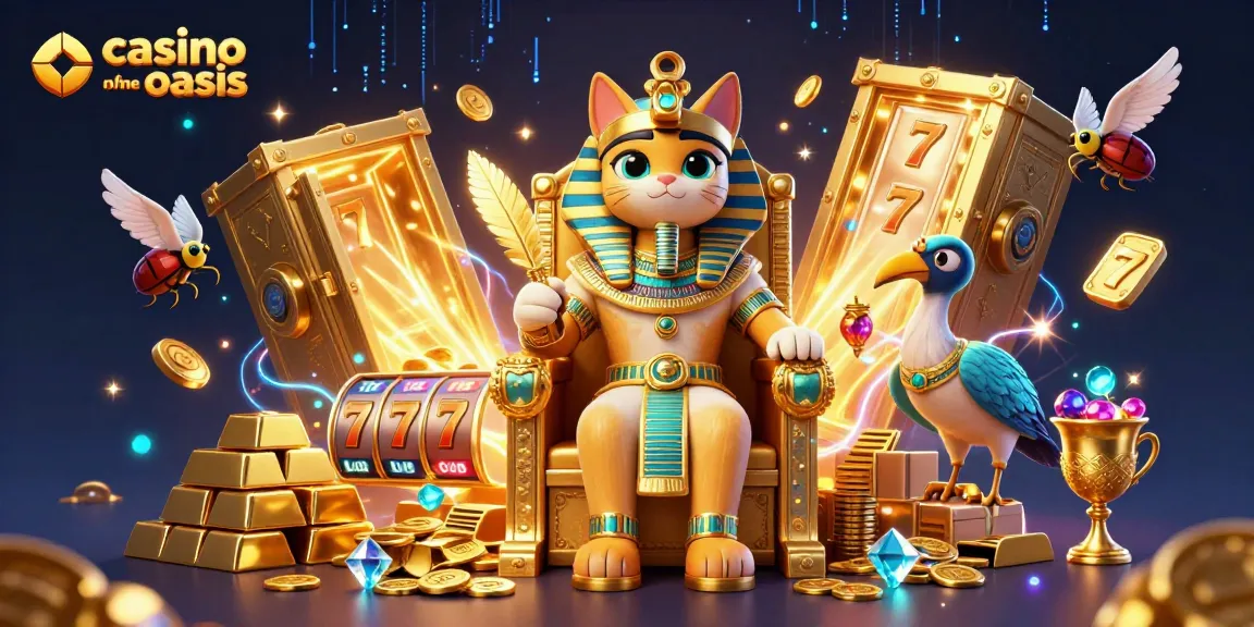 Experience exciting wins at casino ohne oasis with vibrant scenes of a pharaoh cat, treasures, and slot games.