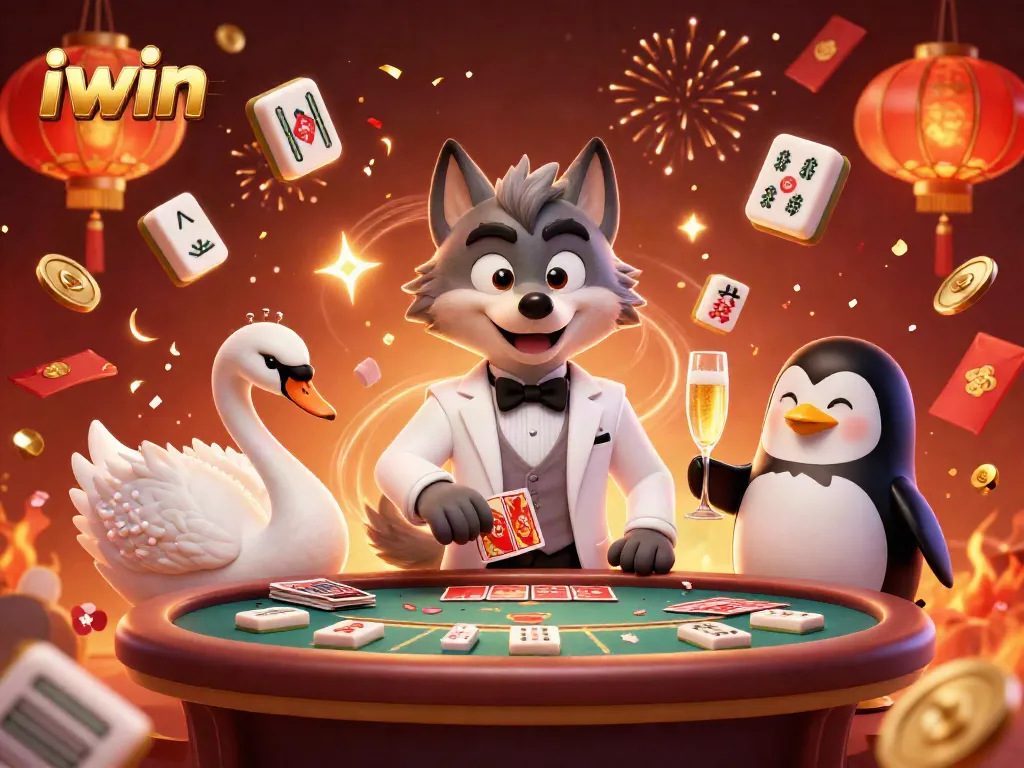 Experience the thrill of iwin as a debonair wolf plays baccarat, surrounded by elegant casino elements.