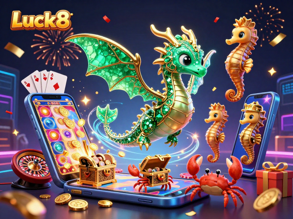 Experience the excitement of Luck8 with vibrant games, coins, and a magical sea dragon.