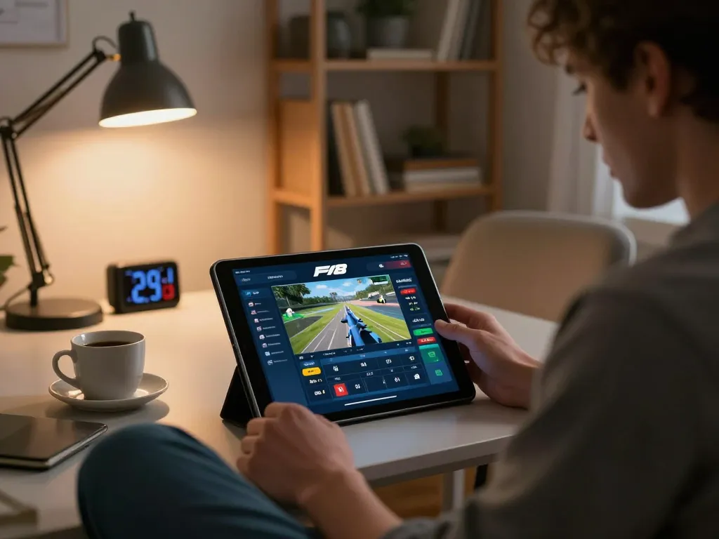 Engaging moment of a player using F168 sportsbook app on tablet in cozy home office