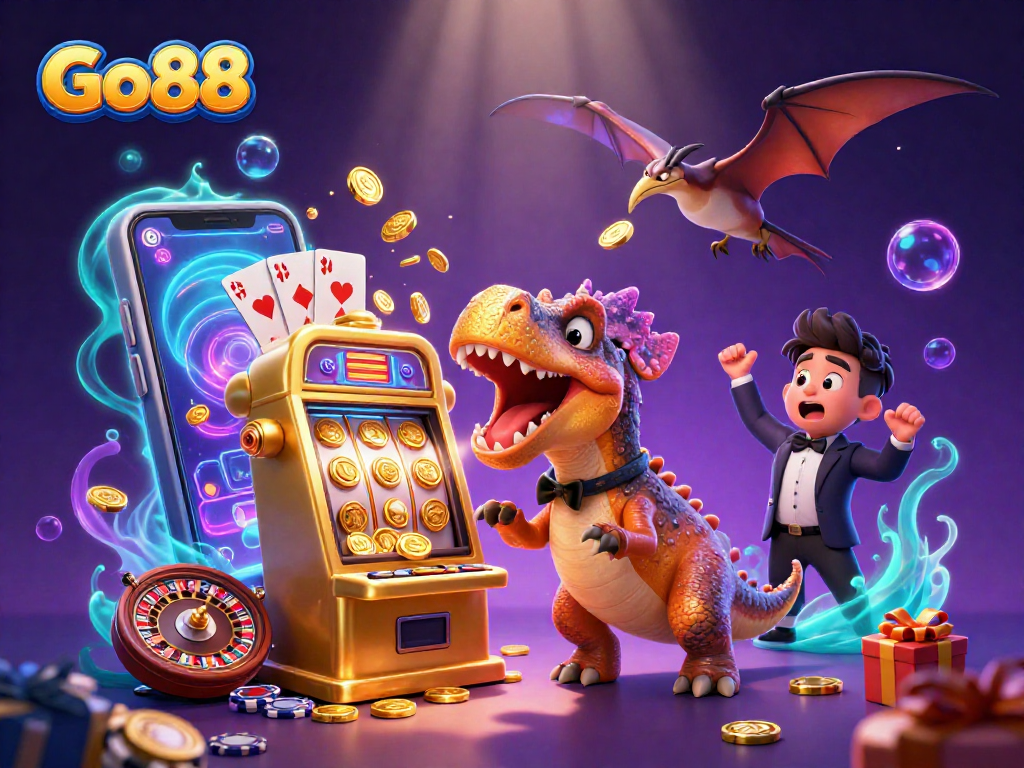 Go88 presents a thrilling scene of a pachycephalosaurus with a golden slot machine jackpot, capturing the excitement of casino gaming.