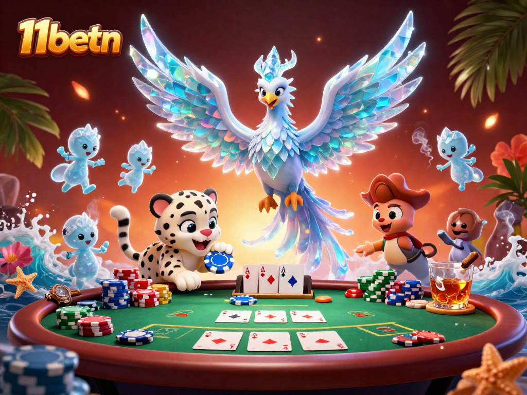 Experience the vibrant excitement of 11betn with a lively casino scene featuring playful characters and poker elements.