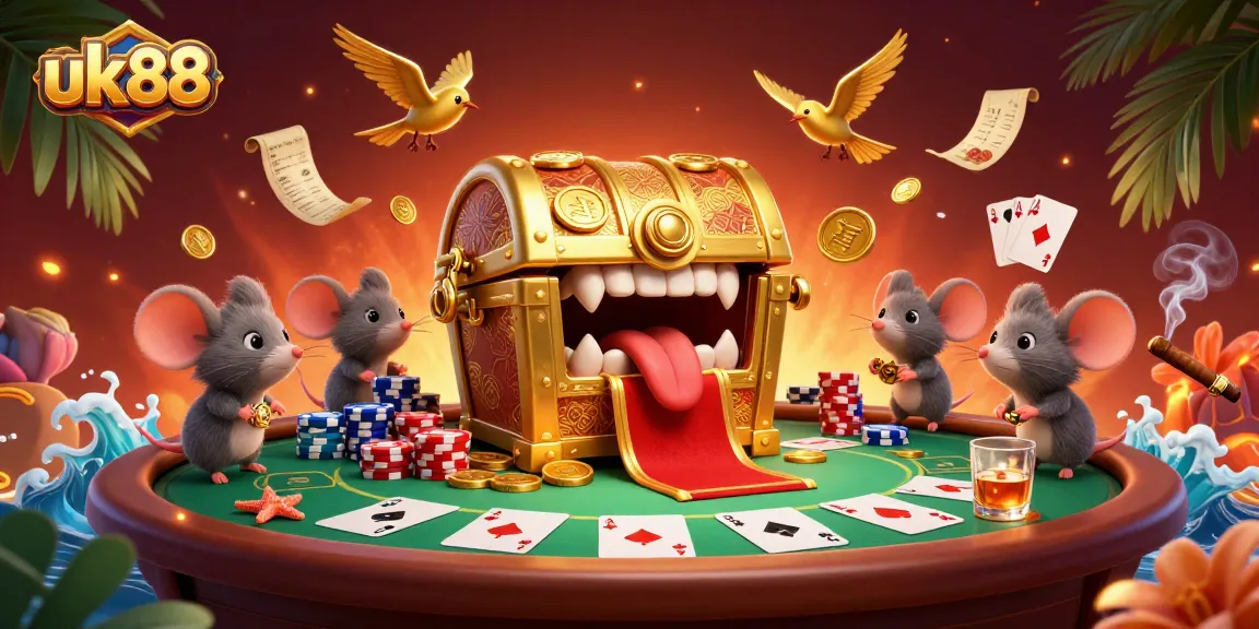 Experience thrilling gameplay with uk88's vibrant casino scene featuring adventurous mice and golden treasures.