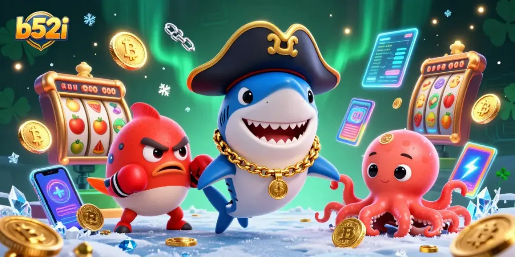 Bets and wins with colorful b52i-themed pirate characters in a vibrant casino scene.