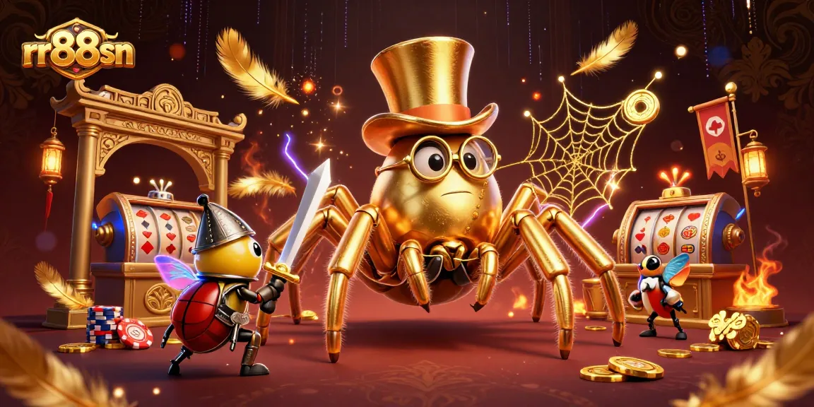 Experience thrilling wins with rr88sn as a stunning golden tarantula weaves a web of luck in this dynamic casino illustration.