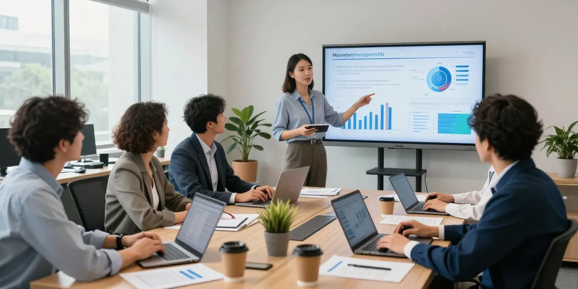Eine Managerin erklärt Micromanagement Strategien in einem modernen Büro mit einem engagierten Team, das Notizen macht.