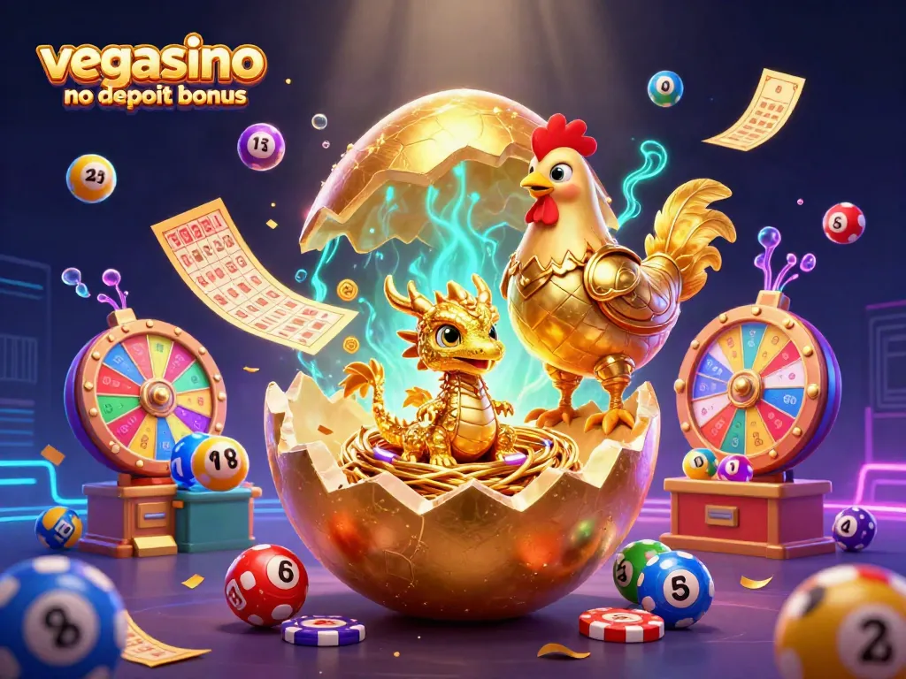 Experience the vegasino no deposit bonus with a vibrant, dynamic casino scene featuring golden dragon, poker chips, and lottery games.