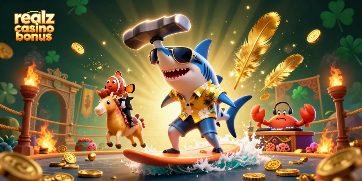 Erleben Sie den realz casino bonus mit einem lebhaften 3D-Bild einer Haifigur, die auf Goldmünzen surft.