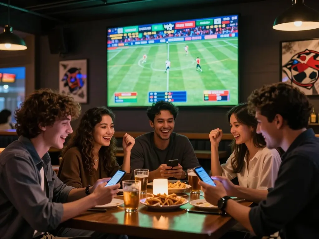 Engaging sports fans placing bets on kèo nhà cái while enjoying live match in a vibrant bar.