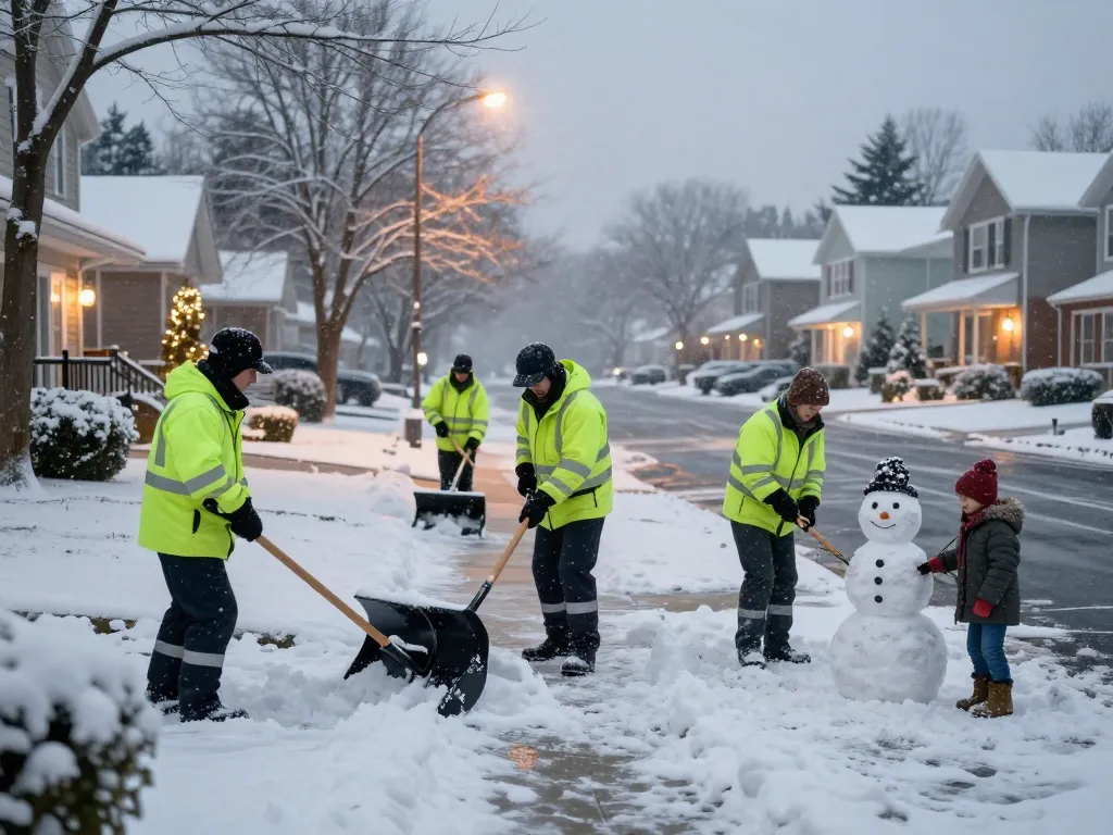 Professioneller Winterdienst in deiner Region, der ein engagiertes Team zeigt, das Schnee von Wohnwegen räumt und somit die Sicherheit der Gemeinschaft gewährleistet.