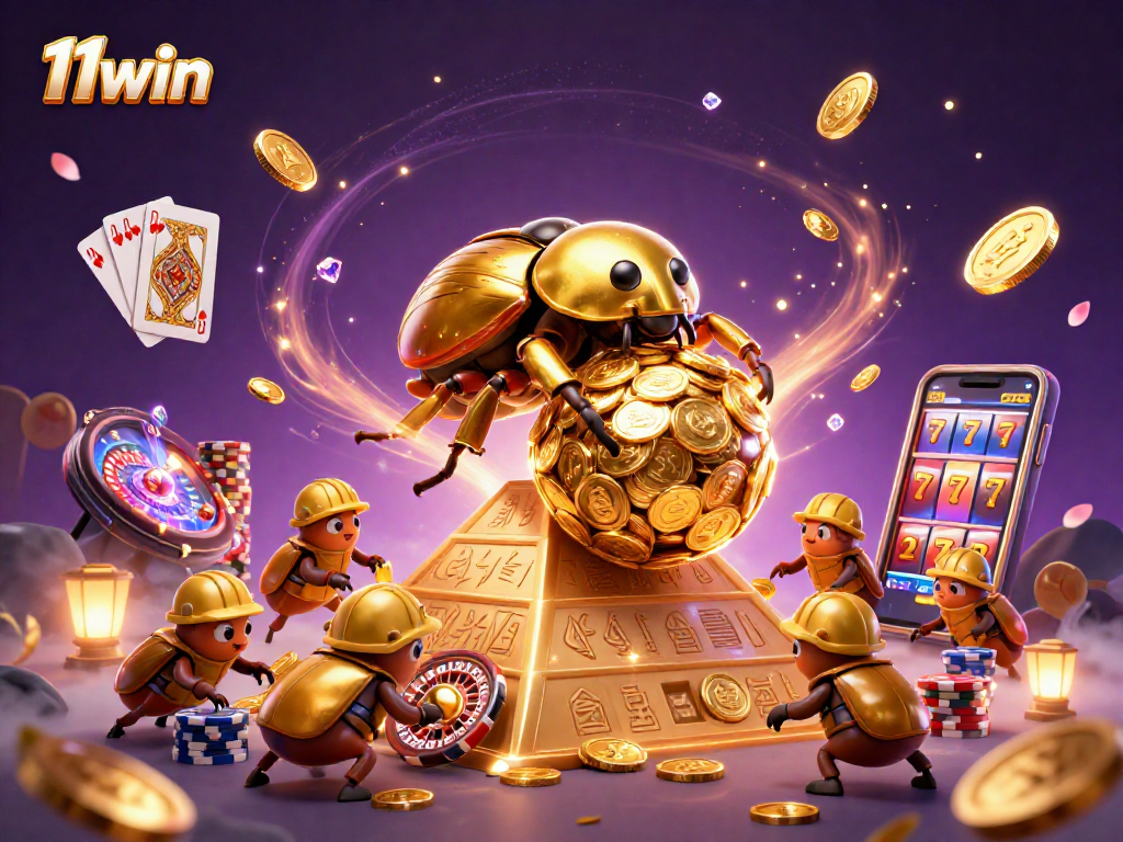 Experience excitement with 11win as a golden dung beetle rolls coins and dazzling casino symbols.