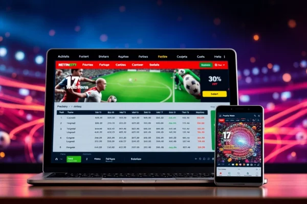 Sportwetten ohne Oasis - Nutzer interagiert mit idealen Wettanbietern über Laptop und Smartphone in einem modernen Interface.