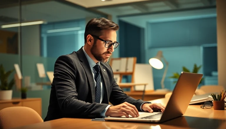 Headhunter analysiert Lebensläufe in einem modernen Büro mit einem Laptop.