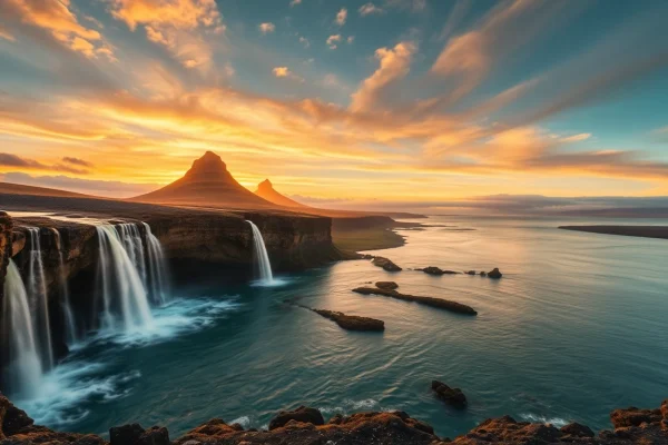 Erlebe die unvergessliche Reise nach Island mit dramatischen Wasserfällen und Vulkangen in einer atemberaubenden Landschaftszene.