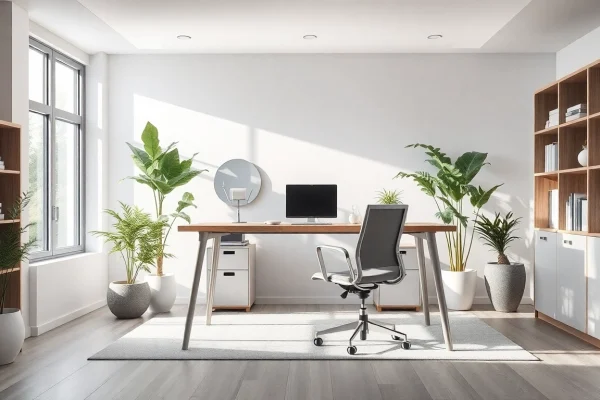 Modernes Büro mit stilvollen Büromöbeln, ergonomischem Schreibtisch und Stuhl bei natürlichem Licht.