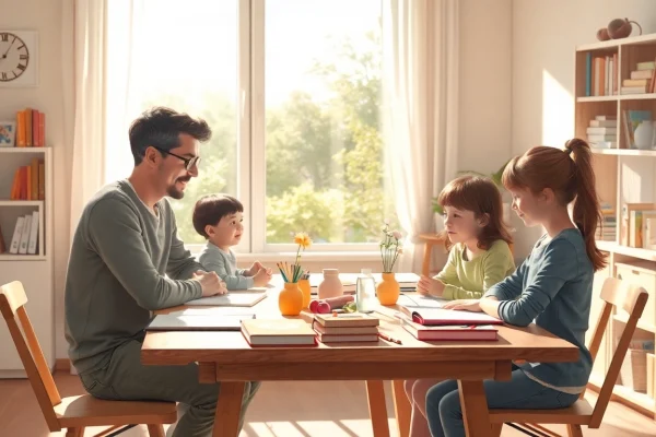 Eine einladende Heimunterrichts-Szene mit Eltern und Kindern, die gemeinsam lernen.