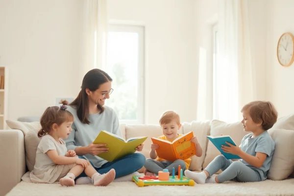 Kindererziehung in einer liebevollen Szene: Eltern lesen ihren Kindern in einem hellen Wohnzimmer vor und fördern spielerisch ihr Lernen.
