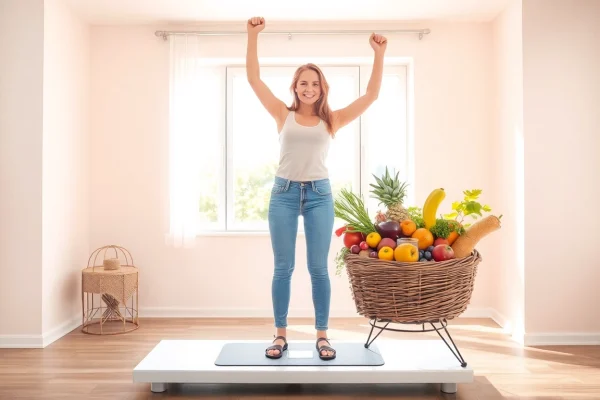 Feier über einen gewollten Gewichtsverlust von 10 Kilo in einer hellen, gesunden Umgebung.