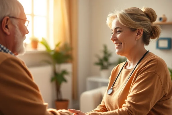 Ein engagierter Pflegekraft bietet persönliche Unterstützung im Pflegedienst, während sie mit einem älteren Menschen spricht.