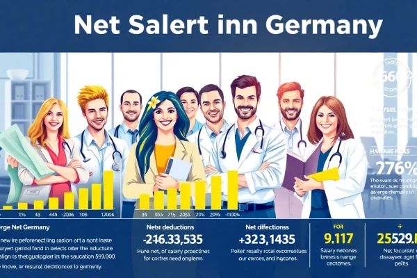 Illustration depicting the concept of net salary in Germany, featuring diverse professionals in a bright office.
