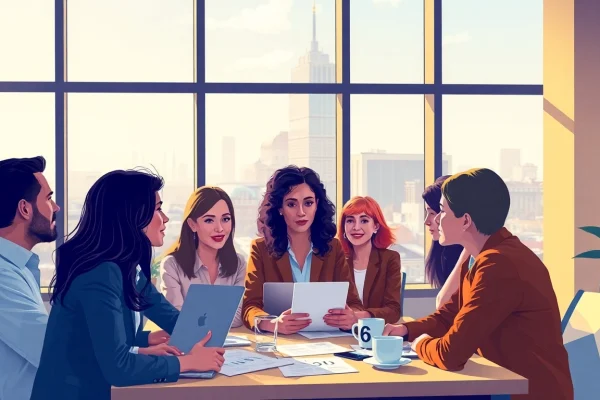 Explore net salary in Germany where professionals discuss salaries in a bright modern office setting.