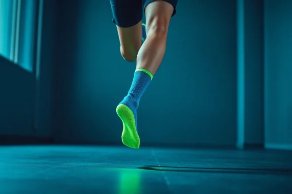 Aktive Person joggt in leuchtenden Neuro Socks, die Komfort und sportliche Leistung fördern.