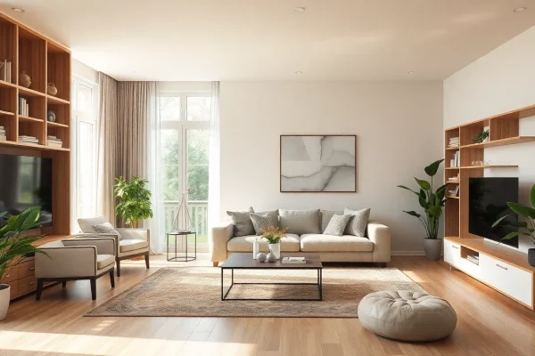 Beispiel einer einladenden Raumgestaltung im Wohnzimmer mit hellem Licht und harmonischen Farben.