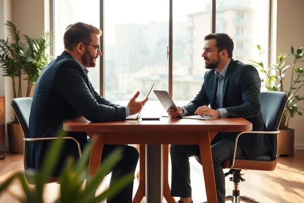Headhunter in einem modernen Bürogespräch mit einem Kandidaten.