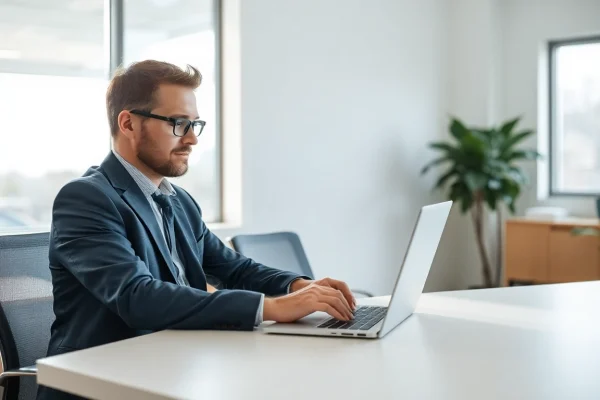 Headhunter Pflegekräfte bei der Arbeit am Schreibtisch in einem modernen Büro, umgeben von natürlichem Licht.
