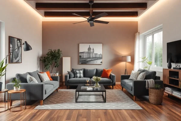 Raumgestaltung eines einladenden Wohnzimmers mit warmem Licht und harmonischer Einrichtung.