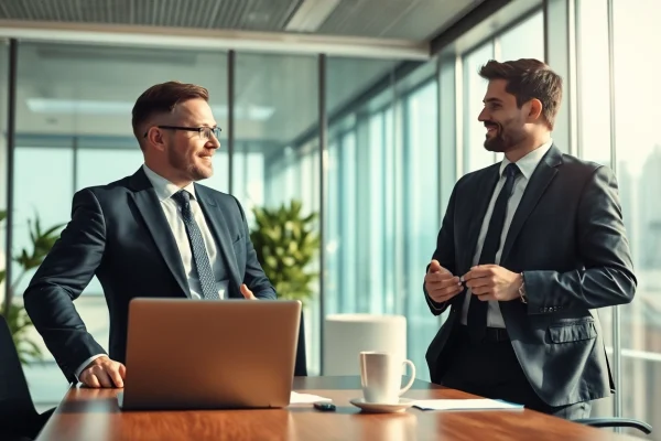 Professioneller Headhunter Leverkusen berät engagiert einen Kandidaten im modernen Büro.