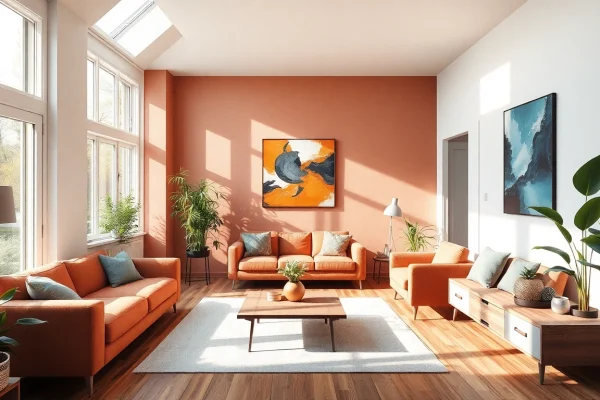 Raumgestaltung mit einem modernen Wohnraum, der durch natürliche Lichtquellen und harmonische Farben besticht.