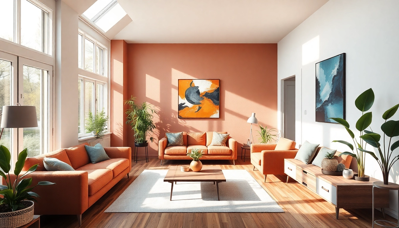 Raumgestaltung mit einem modernen Wohnraum, der durch natürliche Lichtquellen und harmonische Farben besticht.