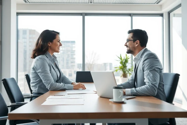 Interaktion zwischen Headhunter Wolfsburg und Kandidat in modernem Büro, das Professionalität ausstrahlt.
