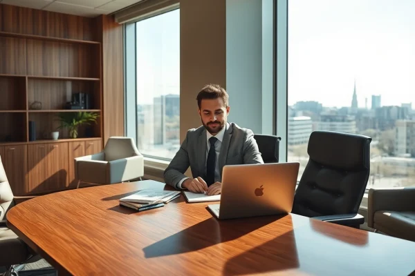 Headhunter Krefeld bei der Arbeit in einem modernen Büro, umgeben von eleganten Büromöbeln.