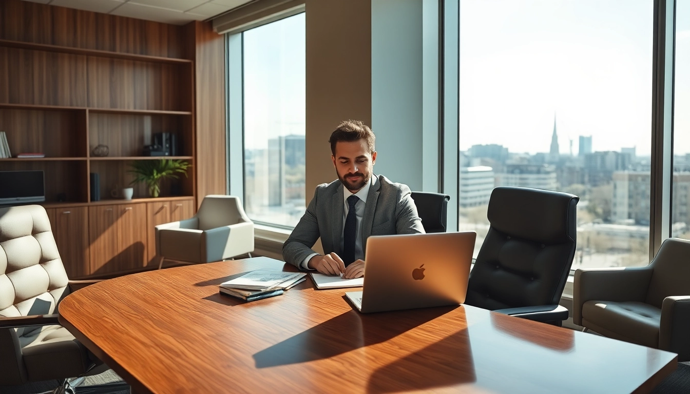 Headhunter Krefeld bei der Arbeit in einem modernen Büro, umgeben von eleganten Büromöbeln.