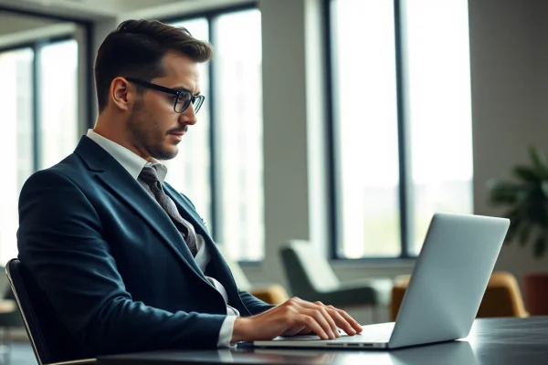 Professioneller Headhunter arbeitet in modernem Büro mit Laptop.