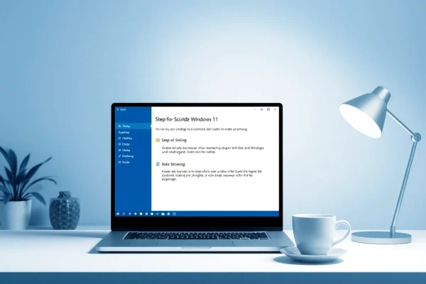 Windows 11 Anleitung auf einem Laptop-Bildschirm in einem modernen Büro.